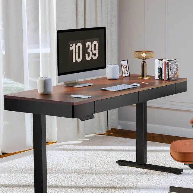 Alt view image 2 of 6 - Standing Desk with Drawer, 55 x 24 Inch Whole Piece Electric Adjustable Height Stand Up Computer Workstation for Home, Office, Dark Walnut
