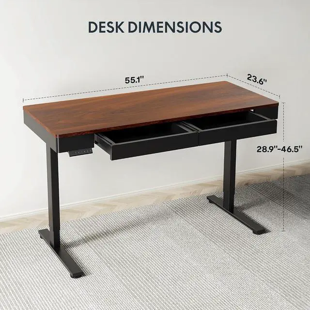 Alt view image 3 of 6 - Standing Desk with Drawer, 55 x 24 Inch Whole Piece Electric Adjustable Height Stand Up Computer Workstation for Home, Office, Dark Walnut