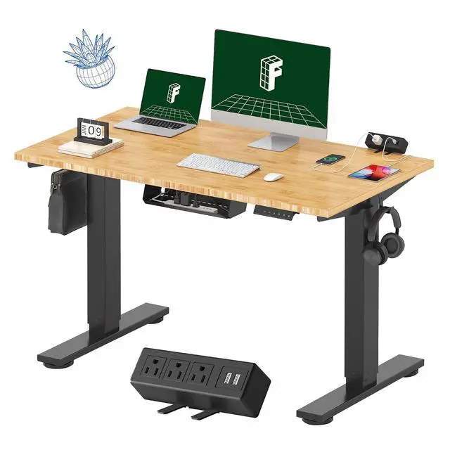 Main image of EN2 Bamboo Standing Desk with Clamp Power Strip, 48 x 24'' Electric Stand Up Height Adjustable Desk with Cable Management (Black Frame + 48" Bamboo Top, 2 Packages)