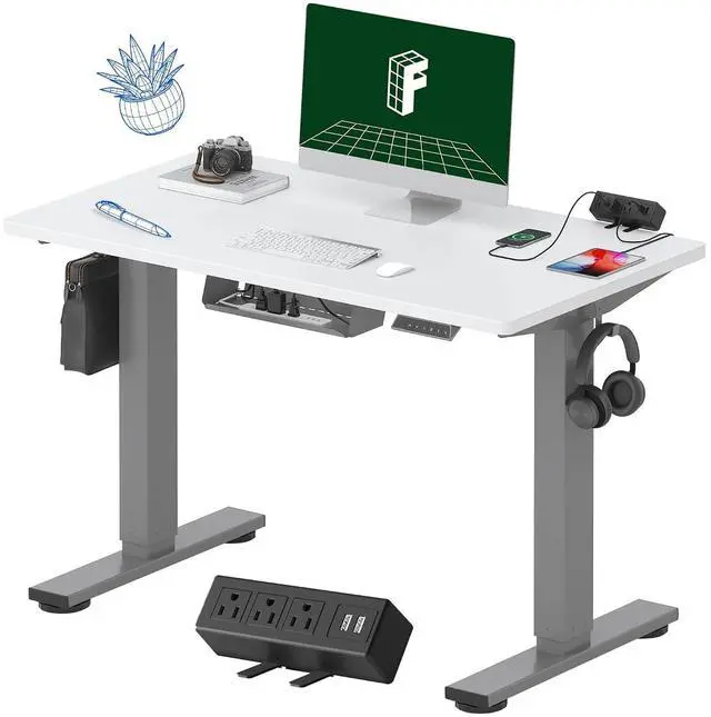 Main image of EN2 Whole-Piece Standing Desk with Clamp Power Strip, 40 x 24'' Electric Stand Up Height Adjustable Desk with Cable Management (Gray Frame + 40" White Top, 2 Packages)