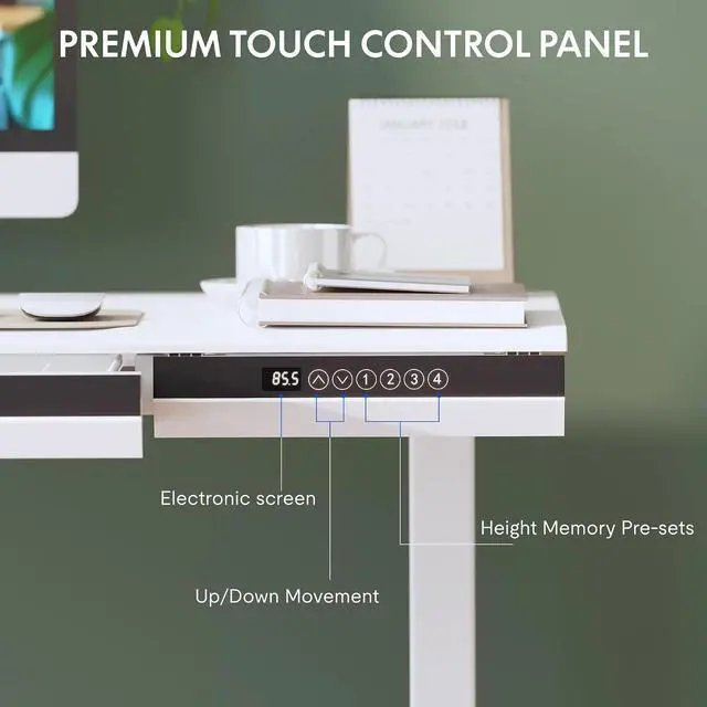 Alt view image 4 of 7 - One-Piece 48" Standing Desk with Acrylic-Front Drawer, Fast-Assembly Ergonomic Sit-to-Stand Desk with MDF Top, 4 Height Memory Presets Touch-Control, Home Office Computer Workstation, White