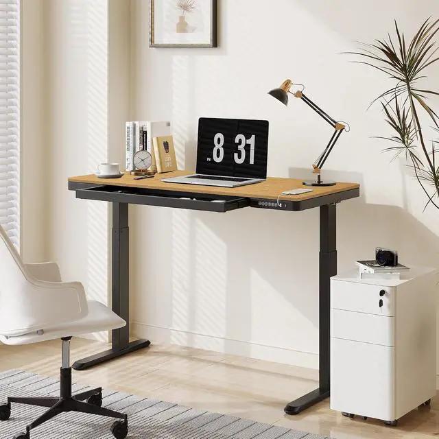 Alt view image 2 of 7 - Comhar Electric Standing Desk with Drawer Desktop & Adjustable Frame w/USB Charge Ports (Bamboo-Look Laminate/Black, Wood)