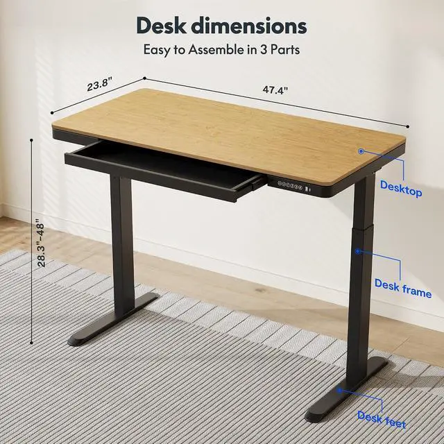 Alt view image 3 of 7 - Comhar Electric Standing Desk with Drawer Desktop & Adjustable Frame w/USB Charge Ports (Bamboo-Look Laminate/Black, Wood)