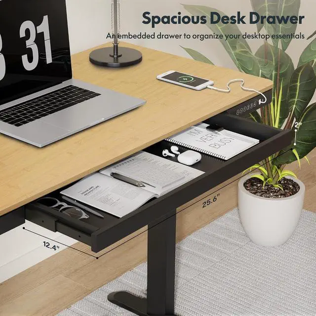 Alt view image 6 of 7 - Comhar Electric Standing Desk with Drawer Desktop & Adjustable Frame w/USB Charge Ports (Bamboo-Look Laminate/Black, Wood)