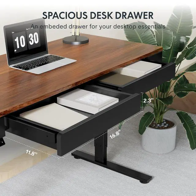 Alt view image 6 of 6 - Standing Desk with Drawer, 55 x 24 Inch Whole Piece Electric Adjustable Height Stand Up Computer Workstation for Home, Office, Dark Walnut