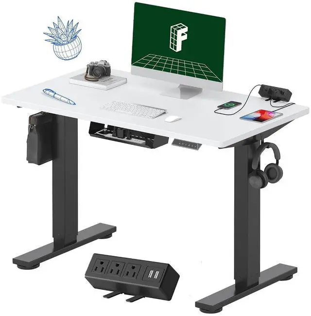 Main image of EN2 Whole-Piece Standing Desk with Clamp Power Strip, 40 x 24 Electric Stand Up Height Adjustable Desk with Cable Management (Black Frame + White Top, 2 Packages)