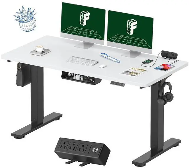 Main image of EN2 Whole-Piece Standing Desk with Clamp Power Strip, 55 x 28 Electric Stand Up Height Adjustable Desk with Cable Management (Black Frame + 55" White Top, 2 Packages)