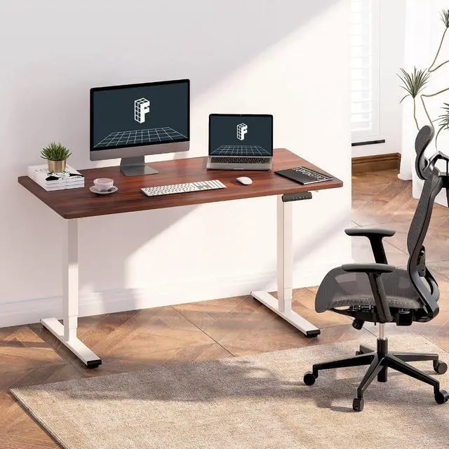 Alt view image 2 of 7 - E6 3-Stage Dual Motor 60 x 24 Electric Standing Desk Sit Stand Up Desk, Holds 220 lbs, Adjustable Height w/Memory Presets, One-Piece Mahogany Desktop & White Frame, Ships in 2 Boxes