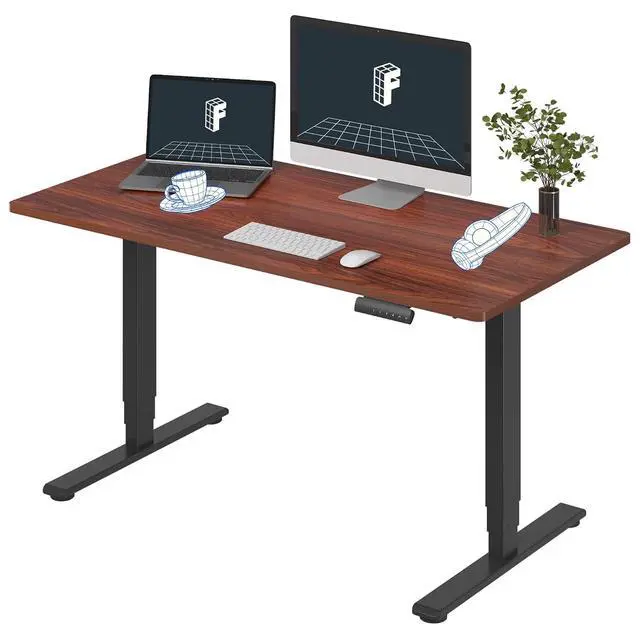 Main image of E6 3-Stage Dual Motor Electric Standing Desk 55 x 28 Sit Stand Up Desk, Holds 220 lbs, Adjustable Height w/Memory Presets, One-Piece Mahogany Desktop & Black Frame, Ships in 2 Boxes