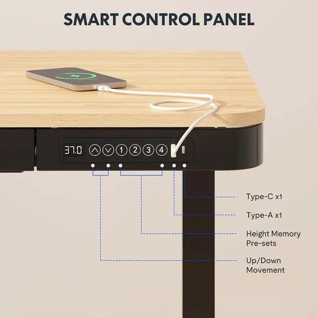 Alt view image 7 of 7 - Comhar Electric Standing Desk with Drawer Desktop & Adjustable Frame w/USB Charge Ports (Bamboo-Look Laminate/Black, Wood)