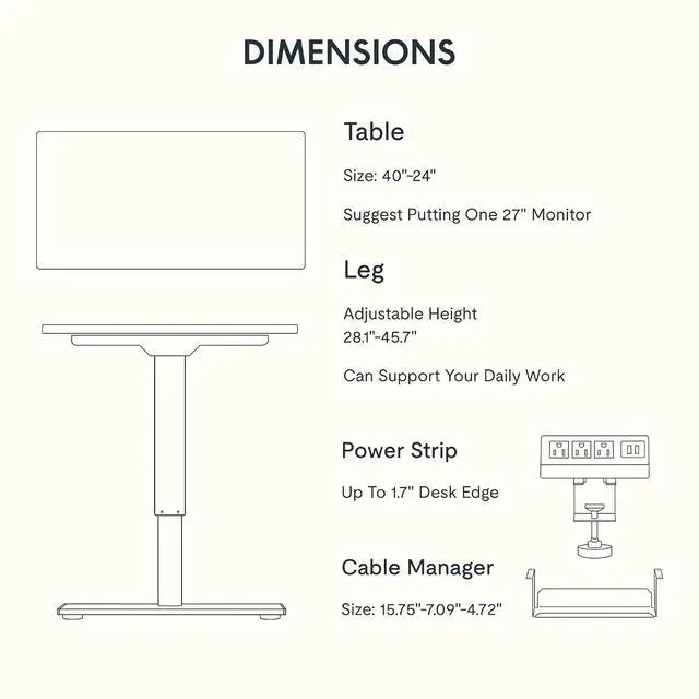 Alt view image 7 of 7 - EN2 Whole-Piece Standing Desk with Clamp Power Strip, 40 x 24 Electric Stand Up Height Adjustable Desk with Cable Management (Black Frame + White Top, 2 Packages)