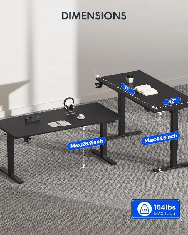 Alt view image 5 of 7 - 71"×32" Large Electric Standing Desk for Office, Height Adjustable Sit Stand Desk with Cable Management & Cup Holder, for Commercial Use, Black Top (2 Packages)