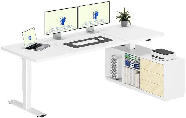 Main image of L Shaped Standing Desk with Storage Cabinet for Office Workspace, 79" Spacious Workstation with Drawers, CPU Holder & Cable Management for Commercial Office Use, White, 3 Packages