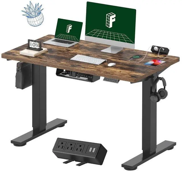 Main image of EN2 Whole-Piece Standing Desk with Clamp Power Strip, 48 x 24'' Electric Stand Up Height Adjustable Desk with Cable Management (Black Frame + 48" Rustic Brown Desktop, 2 Packages)