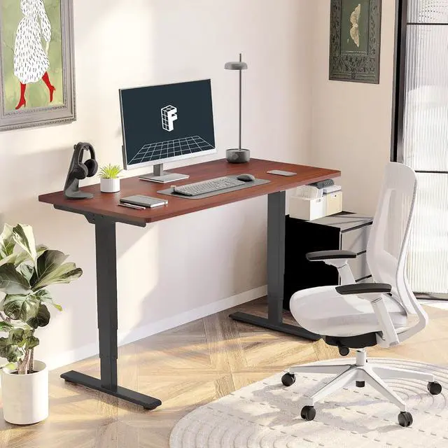 Alt view image 2 of 7 - E6 3-Stage Dual Motor Electric Standing Desk 48 x 30 Sit Stand Up Desk, Holds 220 lbs, Adjustable Height w/ Memory Presets, One-Piece Mahogany Desktop & Black Frame, Ships in 2 Boxes
