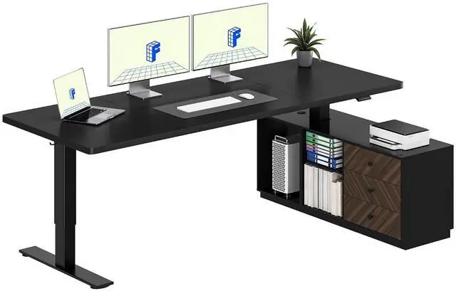 Main image of L Shaped Standing Desk with Storage Cabinet for Office Workspace, 79" Spacious Workstation with Drawers, CPU Holder & Cable Management for Commercial Office Use, Black, 3 Packages