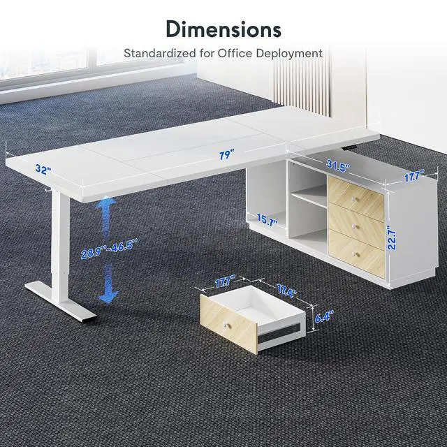 Alt view image 6 of 7 - L Shaped Standing Desk with Storage Cabinet for Office Workspace, 79" Spacious Workstation with Drawers, CPU Holder & Cable Management for Commercial Office Use, White, 3 Packages