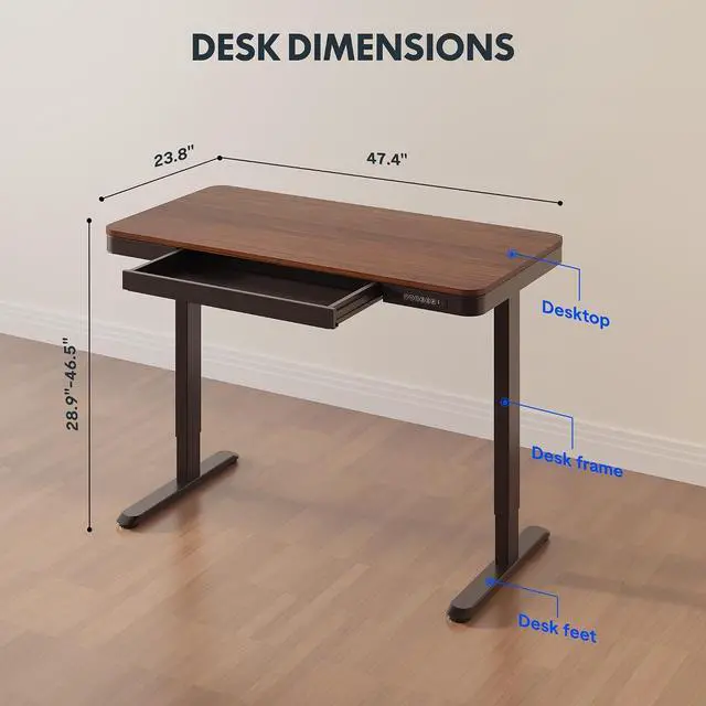 Alt view image 3 of 7 - Comhar 48" Electric Standing Desk with Drawers, Quick Assembly Home Office Sit Stand Desk with Storage & USB Charging, Computer Workstation for Home Office (48" Wood, Dark Walnut/Black)