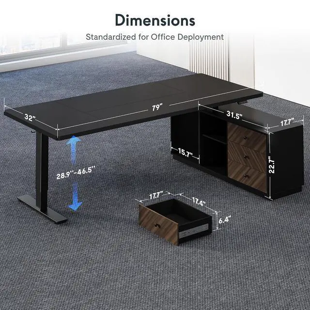 Alt view image 2 of 7 - L Shaped Standing Desk with Storage Cabinet for Office Workspace, 79" Spacious Workstation with Drawers, CPU Holder & Cable Management for Commercial Office Use, Black, 3 Packages
