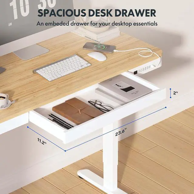 Alt view image 3 of 7 - Comhar Electric Standing Desk with Drawer Desktop & Adjustable Frame w/USB Charge Ports (Bamboo-Look Laminate/White, Wood)