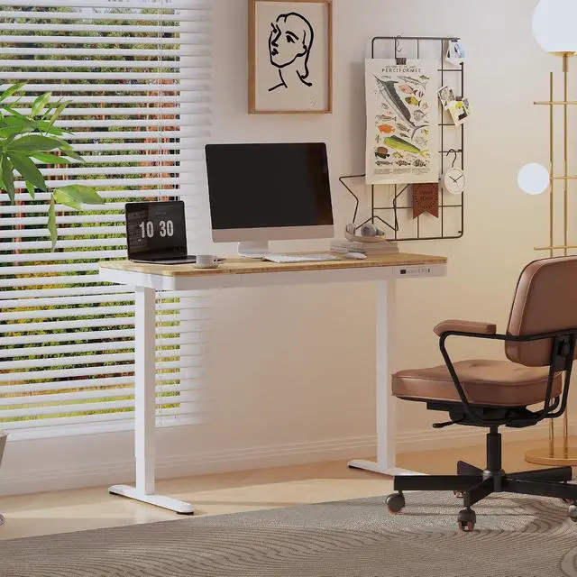Alt view image 2 of 7 - Comhar Electric Standing Desk with Drawer Desktop & Adjustable Frame w/USB Charge Ports (Bamboo-Look Laminate/White, Wood)