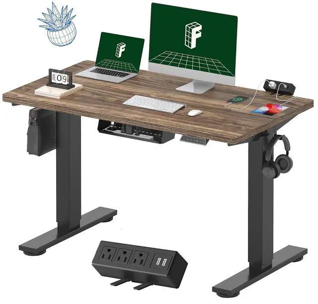 Main image of EN2 Whole-Piece Standing Desk with Clamp Power Strip, 48 x 24 Electric Stand Up Height Adjustable Desk with Cable Management (Black Frame + 48" Black Walnut Desktop, 2 Packages)