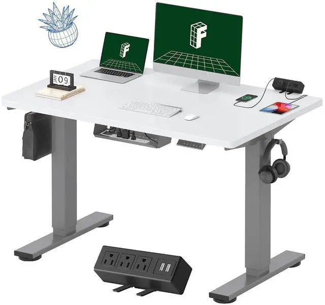 Main image of EN2 Whole-Piece Standing Desk with Clamp Power Strip, 48 x 30 Electric Stand Up Height Adjustable Desk with Cable Management (Gray Frame + 48" White Top, 2 Packages)