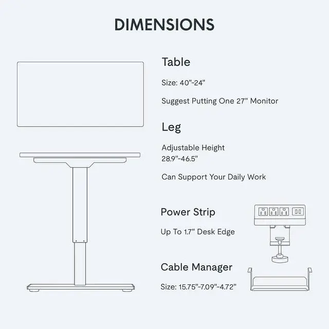 Alt view image 6 of 7 - EN2 Whole-Piece Standing Desk with Clamp Power Strip, 40 x 24 Electric Stand Up Height Adjustable Desk with Cable Management (White Frame + 40" White Top)