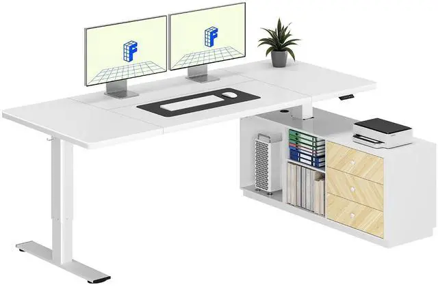 Main image of L Shaped Standing Desk with Storage Cabinet for Office Workspace, 71" Spacious Workstation with Drawers, CPU Holder & Cable Management for Commercial Office Use, White, 3 Packages