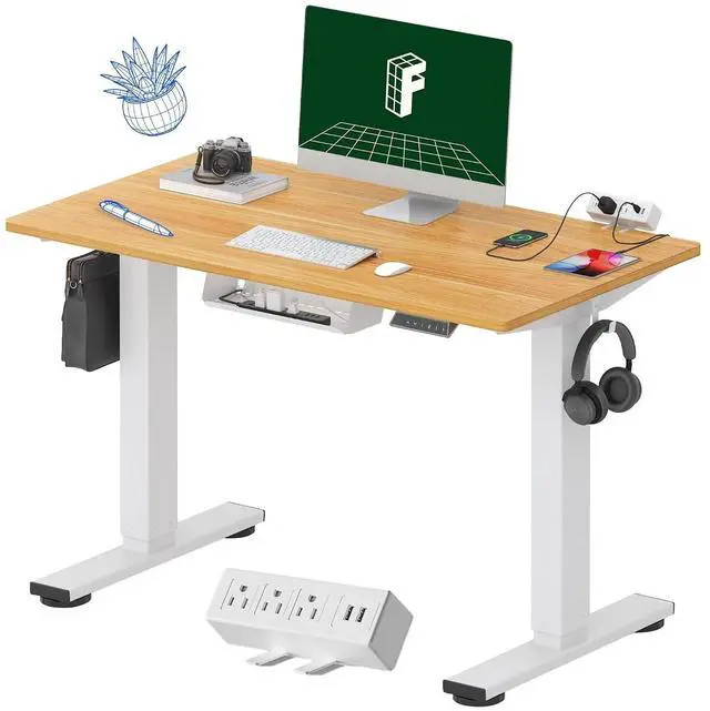 Main image of EN2 Whole-Piece Standing Desk with Clamp Power Strip, 40 x 24 Electric Stand Up Height Adjustable Desk with Cable Management (White Frame + 40" Maple Top)