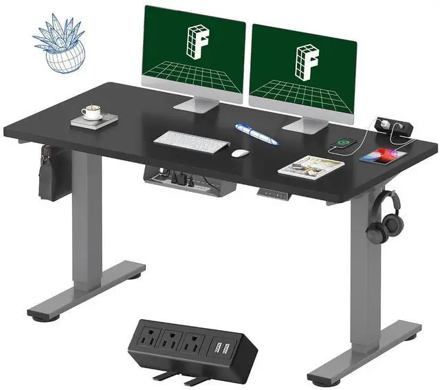 Main image of EN2 Whole-Piece Standing Desk with Clamp Power Strip, 55 x 28 Electric Stand Up Height Adjustable Desk with Cable Management (Gray Frame + 55" Black Top, 2 Packages)