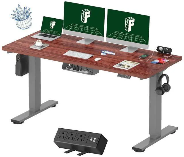 Main image of EN2 Whole-Piece Standing Desk with Clamp Power Strip, 60 x 24 Electric Stand Up Height Adjustable Desk with Cable Management (Gray Frame + 60" Mahogany Top, 2 Packages)