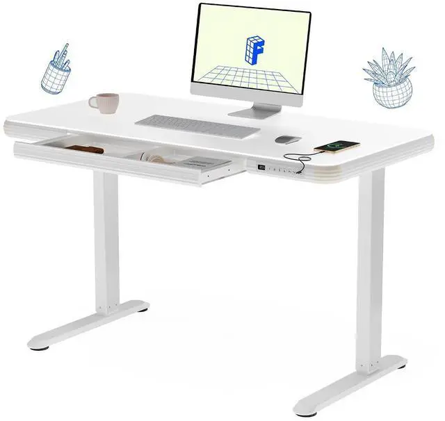 Main image of Comhar Electric Pure Glass Standing Desk with Drawer Desktop & USB Charge Ports, 48" Ergonomic Height Adjustable Sit to Stand Desk for Home Office (White, Glass)