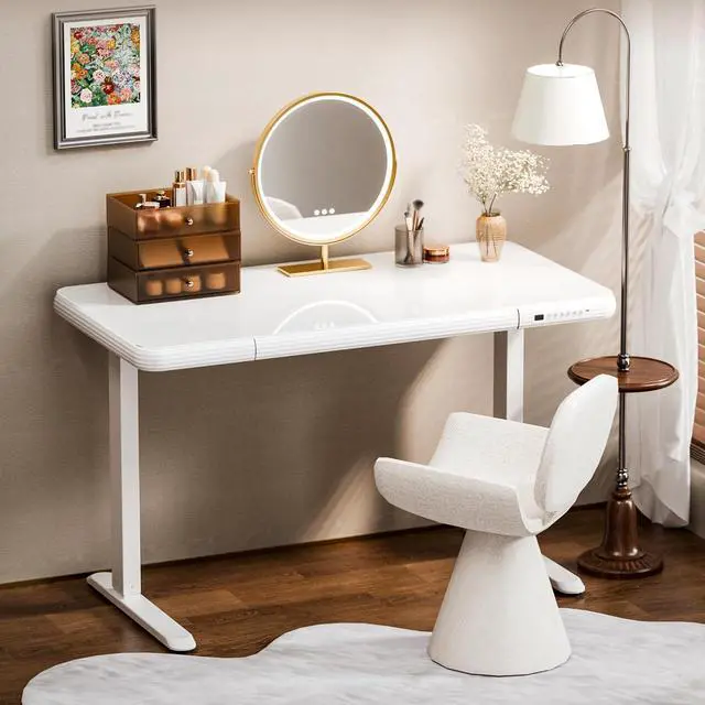 Alt view image 2 of 7 - Comhar Electric Pure Glass Standing Desk with Drawer Desktop & USB Charge Ports, 48" Ergonomic Height Adjustable Sit to Stand Desk for Home Office (White, Glass)