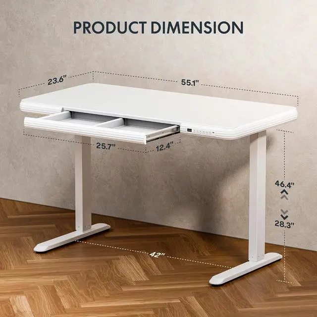Alt view image 3 of 7 - Comhar Electric Pure Glass Standing Desk with Drawer Desktop & USB Charge Ports, 48" Ergonomic Height Adjustable Sit to Stand Desk for Home Office (White, Glass)
