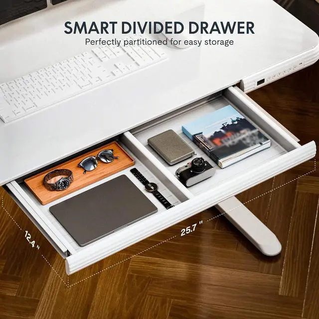 Alt view image 6 of 7 - Comhar Electric Pure Glass Standing Desk with Drawer Desktop & USB Charge Ports, 48" Ergonomic Height Adjustable Sit to Stand Desk for Home Office (White, Glass)