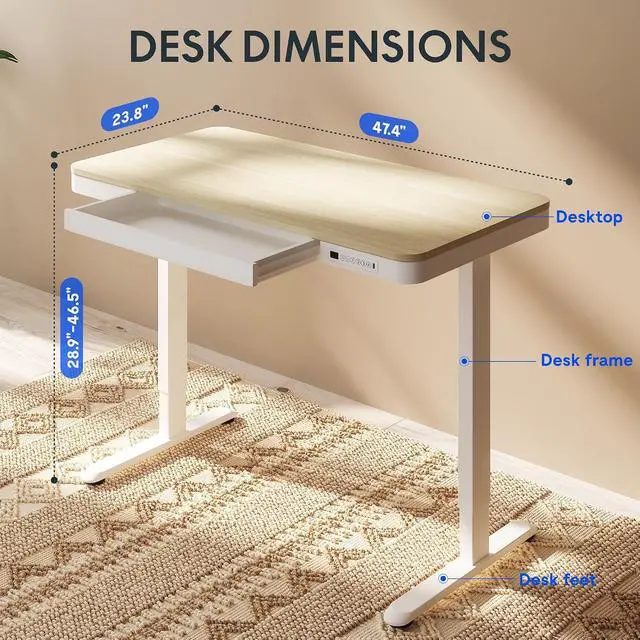Alt view image 3 of 7 - Comhar Electric Standing Desk with Drawers Charging USB Port, Height Adjustable 48" Whole-Piece Quick Install Home Office Computer Laptop Table with Storage