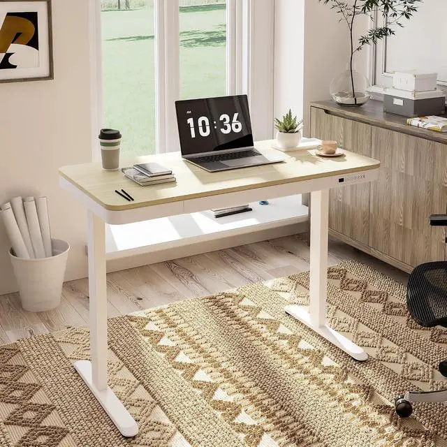 Alt view image 2 of 7 - Comhar Electric Standing Desk with Drawers Charging USB Port, Height Adjustable 48" Whole-Piece Quick Install Home Office Computer Laptop Table with Storage