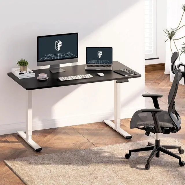 Alt view image 2 of 7 - E6 3-Stage Dual Motor Electric Standing Desk 55 x 28 Sit Stand Up Desk, Holds 220 lbs, Adjustable Height w/Memory Presets, One-Piece Black Desktop & White Frame, Ships in 2 Boxes