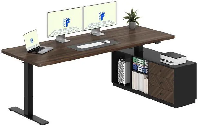 Main image of L Shaped Standing Desk with Storage Cabinet for Office Workspace, 79" Spacious Workstation with Drawers, CPU Holder & Cable Management for Commercial Office Use, Black Walnut, 3 Packages