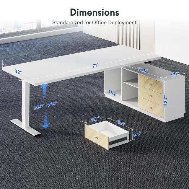 Alt view image 6 of 7 - L Shaped Standing Desk with Storage Cabinet for Office Workspace, 71" Spacious Workstation with Drawers, CPU Holder & Cable Management for Commercial Office Use, White, 3 Packages