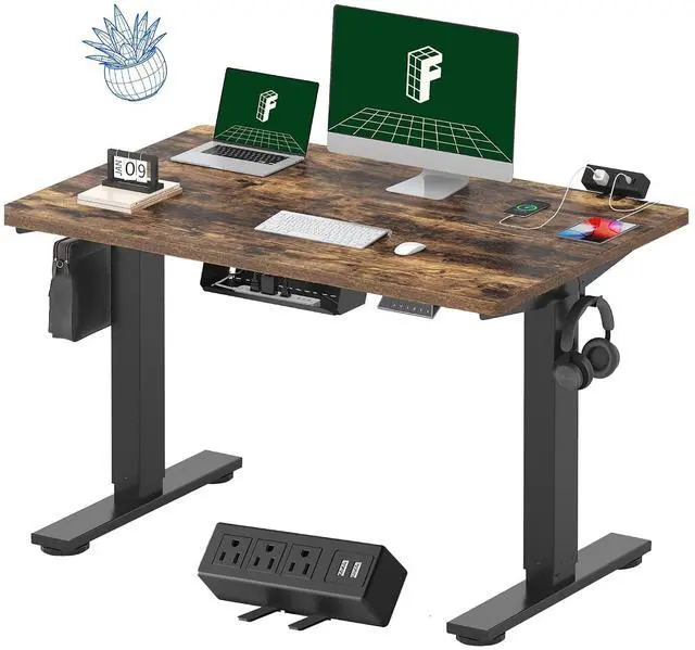 Main image of EN2 Whole-Piece Standing Desk with Clamp Power Strip, 48 x 30 Electric Stand Up Height Adjustable Desk with Cable Management (Black Frame + 48" Rustic Brown Desktop, 2 Packages)