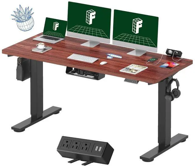 Main image of EN2 Whole-Piece Standing Desk with Clamp Power Strip, 60 x 24 Electric Stand Up Height Adjustable Desk with Cable Management (Black Frame + 60" Mahogany Top, 2 Packages)