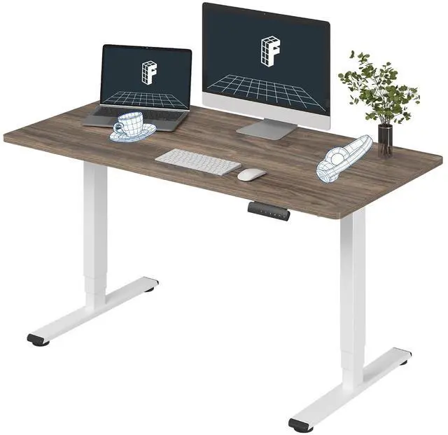 Main image of E6 3-Stage Dual Motor Electric Standing Desk 55 x 28 Sit Stand Up Desk, Holds 220 lbs, Adjustable Height w/Memory Presets, One-Piece Brown Wood Grain Desktop & White Frame, Ships in 2 Boxes