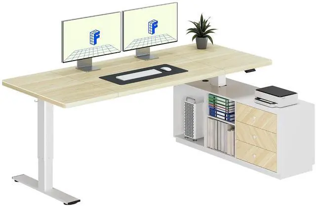 Main image of L Shaped Standing Desk with Storage Cabinet for Office Workspace, 71" Spacious Workstation with Drawers, CPU Holder & Cable Management for Commercial Office Use, White Wood Grain, 3 Packages