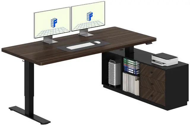 Main image of L Shaped Standing Desk with Storage Cabinet for Office Workspace, 63" Spacious Workstation with Drawers, CPU Holder & Cable Management for Commercial Office Use, Black Walnut, 3 Packages