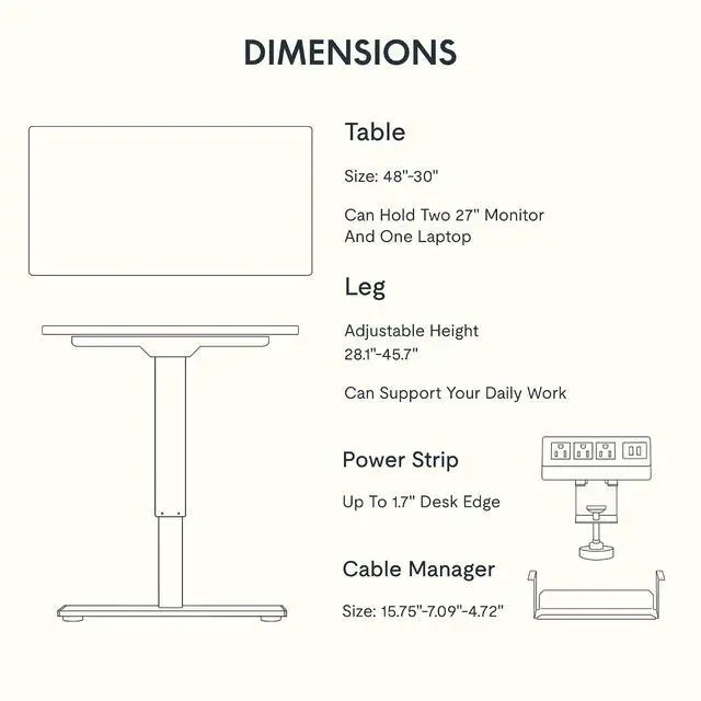 Alt view image 7 of 7 - EN2 Whole-Piece Standing Desk with Clamp Power Strip, 48 x 30 Electric Stand Up Height Adjustable Desk with Cable Management (Black Frame + 48" MahoganyTop, 2 Packages)