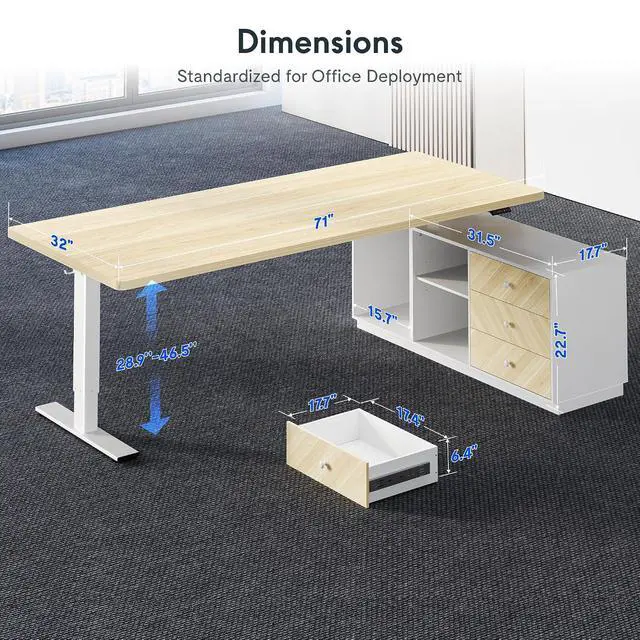 Alt view image 6 of 7 - L Shaped Standing Desk with Storage Cabinet for Office Workspace, 71" Spacious Workstation with Drawers, CPU Holder & Cable Management for Commercial Office Use, White Wood Grain, 3 Packages