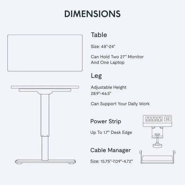 Alt view image 6 of 7 - EN2 Whole-Piece Standing Desk with Clamp Power Strip, 48x24'' Electric Stand Up Height Adjustable Desk with Cable Management (Black Frame + 48" Black Table Top)