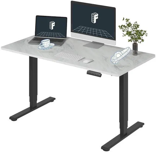 Main image of E6 3-Stage Dual Motor Electric Standing Desk 55 x 28 Sit Stand Up Desk, Holds 220 lbs, Adjustable Height w/Memory Presets, One-Piece Marble Grey Desktop & Black Frame, Ships in 2 Boxes